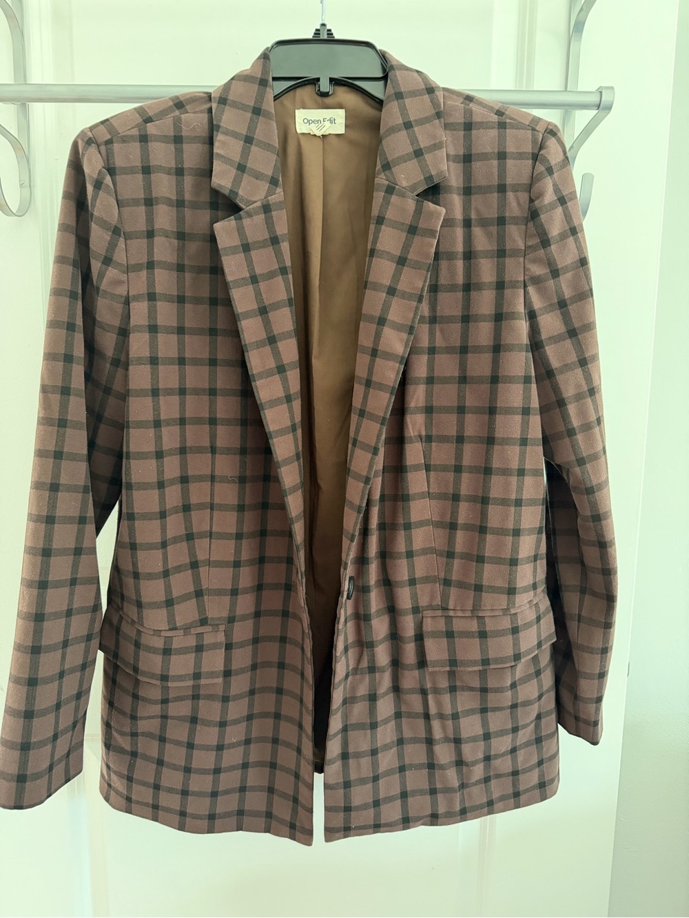 Open Edit Brown Plaid Single-Button Blazer